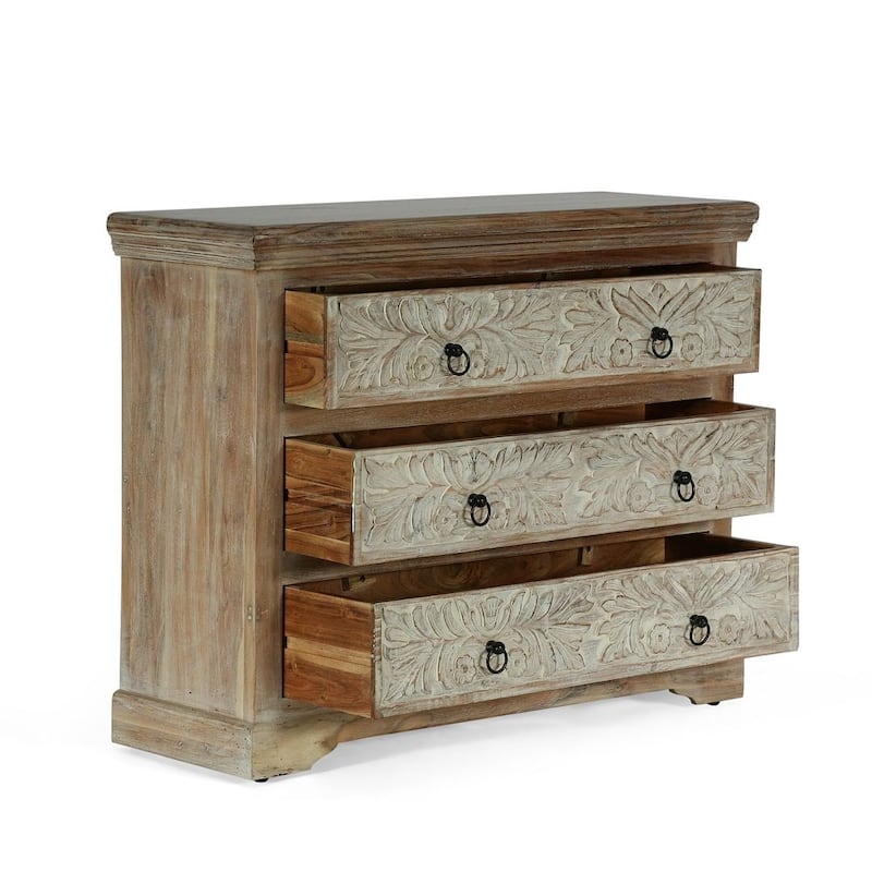 Natural Wood White Floral Accent Chest With 3-Drawer