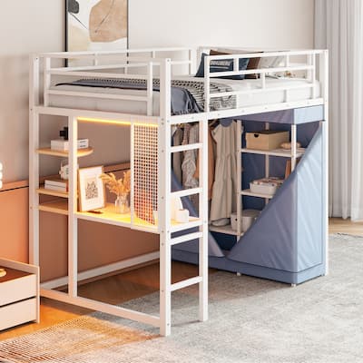 Twin Size Loft Metal Bed with Desk, Shelves, Power Outlet, LED Light and Wardrobe, White
