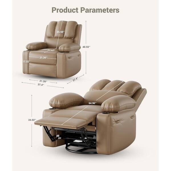 dimension image slide 9 of 15, Oversized power recliner with heat, massage, 360 degrees swivel, and cup holder.