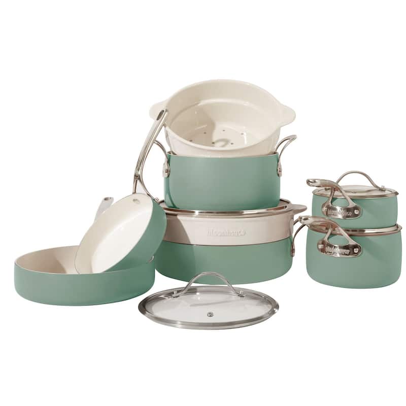 Bloomhouse 12 Piece Aluminum Enamel Cookware Set w/ Non-stick Non-toxic Ceramic Interior and Ceramic Steamer Insert