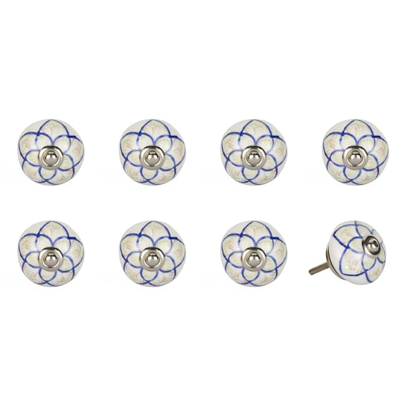 HomeRoots Set of Eight Blue And Cream Ceramic And Metal Drawer Pull Knobs - 1.5' X '1.5' X '1.5