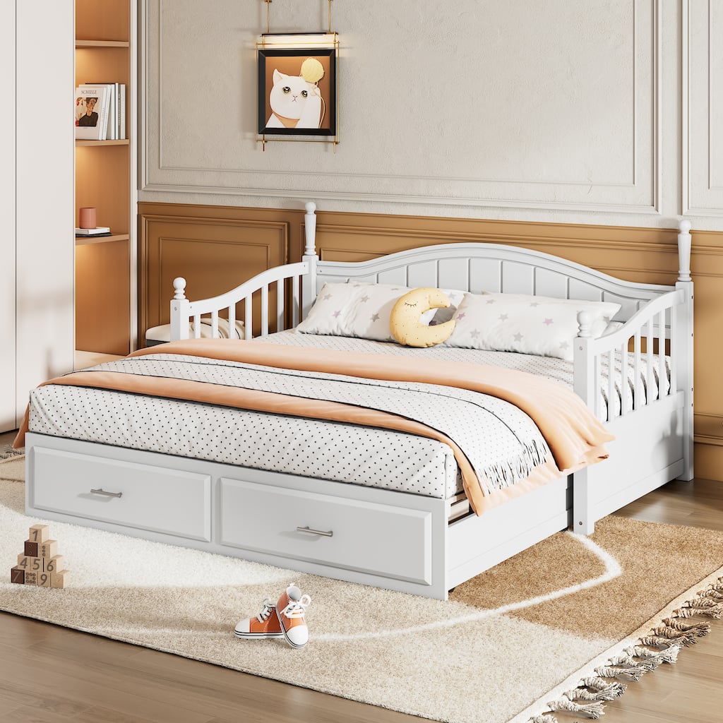 Twin Trundle Daybed with 2 Drawers, Extendable Daybed Frame, White
