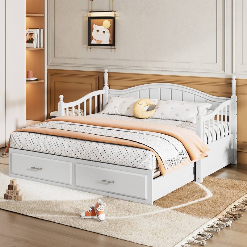 Wooden Twin Size Daybed with Twin Size Trundle, Extendable Daybed with Two Storage Drawers, Espresso