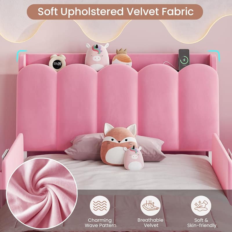 LED Bed Frame Storage DrawerSafety Guardrails Velvet Princess Platform Bed Kids
