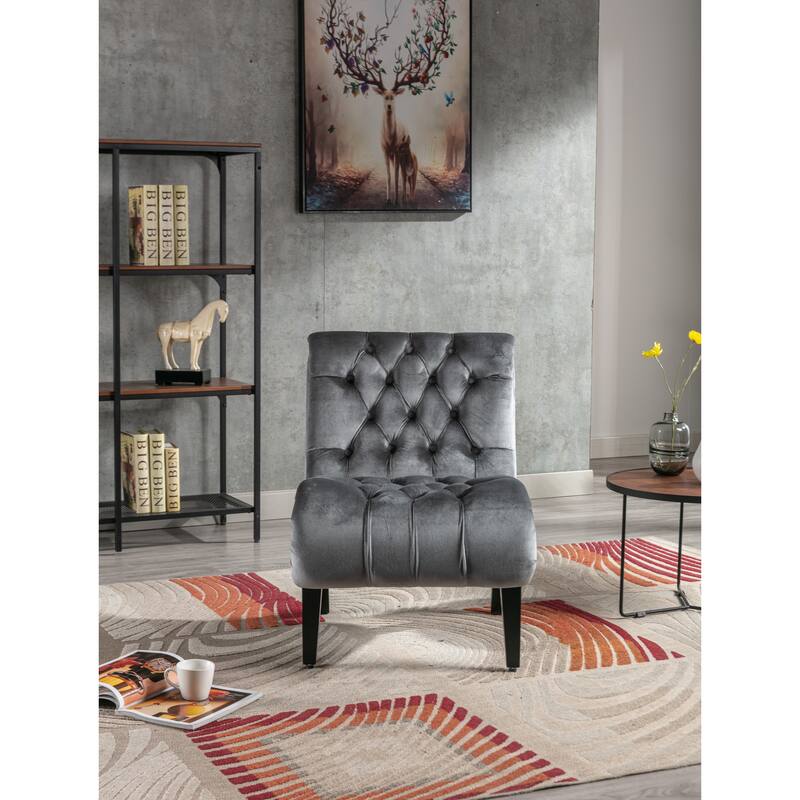 Modern velvet armless lounge chair with upholstered fabric solid wood legs for bedroom, living room, office - Silver