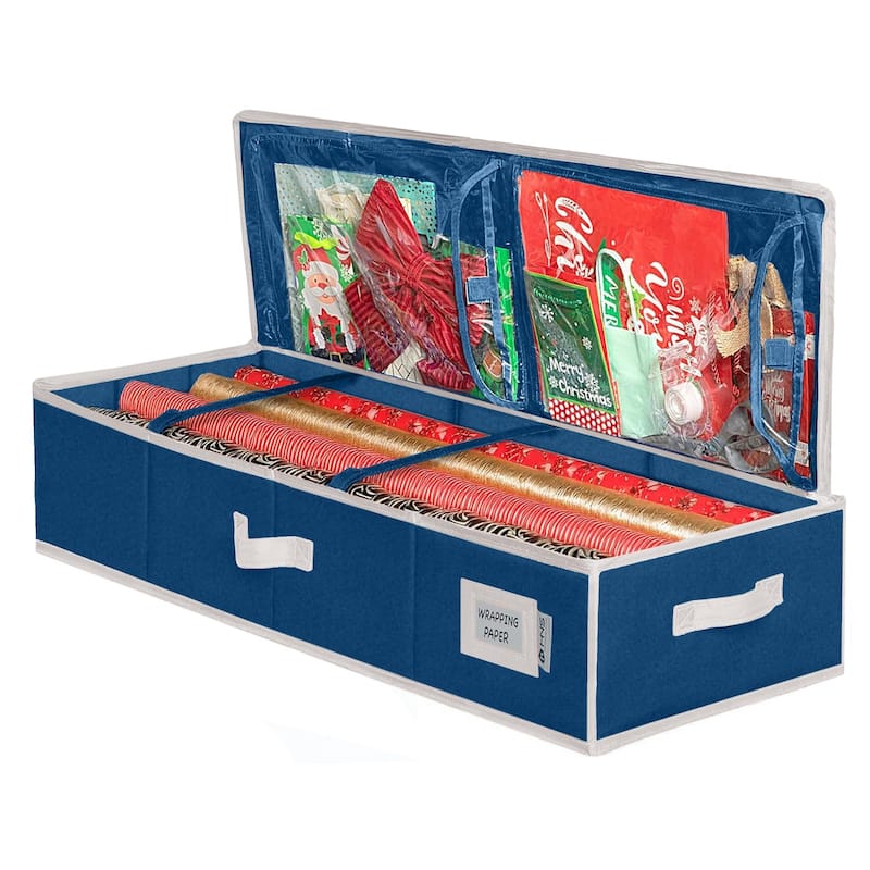 HOLDN' STORAGE Wrapping Paper Storage Container, Fits 27 Rolls Gift Wrap, Extra Pockets for Ribbons & Bows, Underbed Storage - Blue