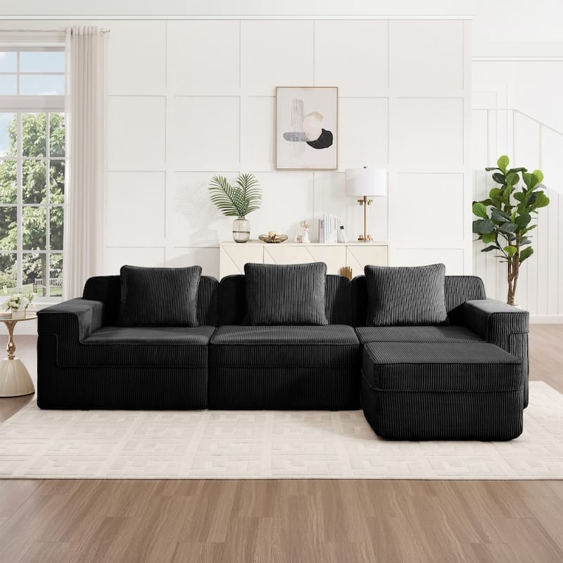 Modular L-shaped Deep Seat Boneless Cloud Sectional Sofa with Throw Pillows & Ottoman - Black