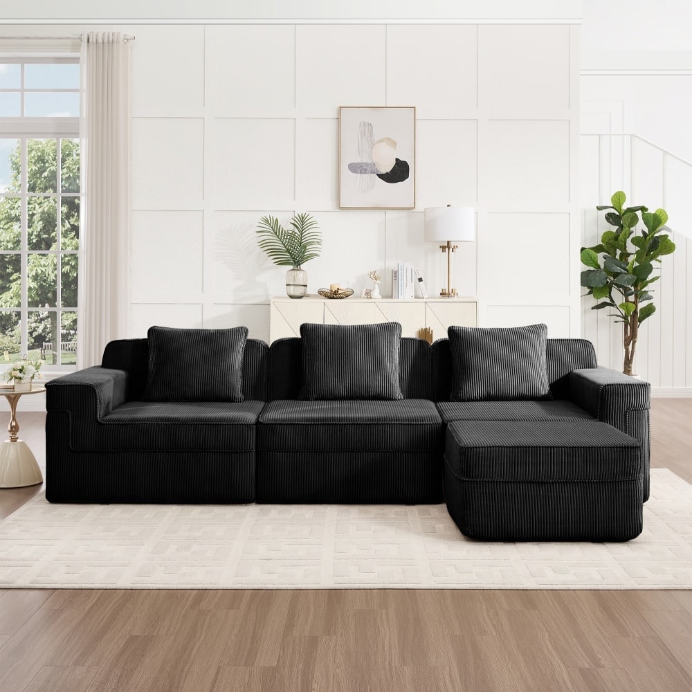 Modular L-shaped Deep Seat Boneless Cloud Sectional Sofa with Throw Pillows & Ottoman