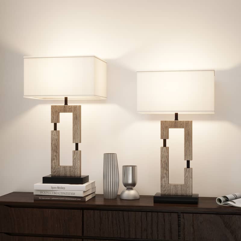 USB Wood Table Lamp With Cotton Shade Set of 2 - Barn Wood
