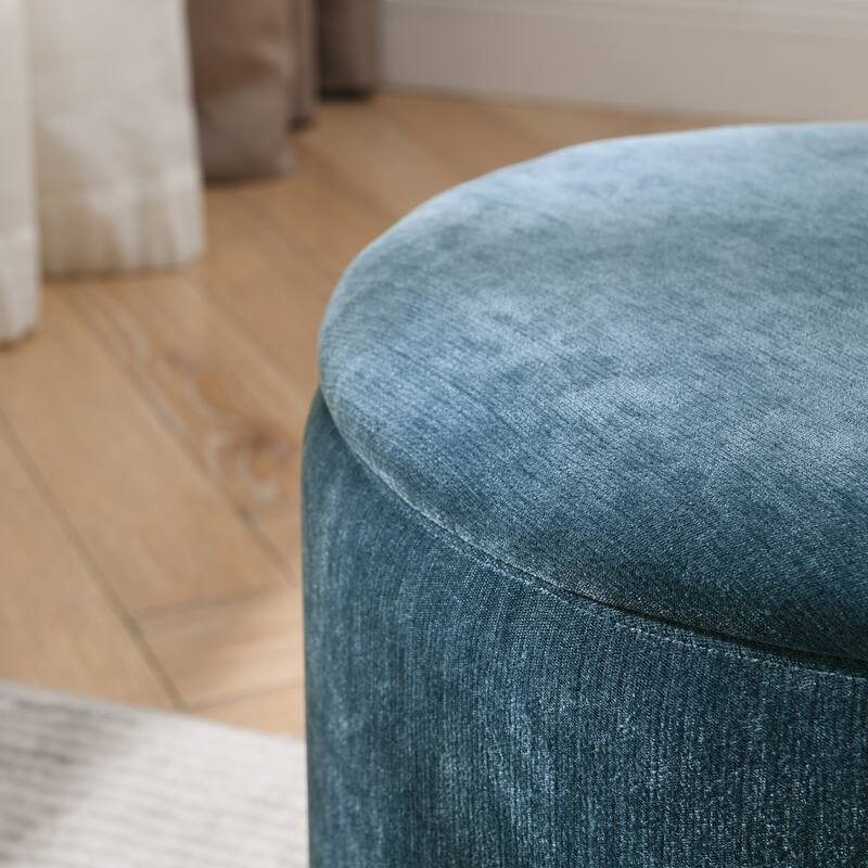 Roomfitters 2-Piece Round Chenille Storage Ottoman Set with Drum-Shaped Stool and MDF Top, Hidden Compartment
