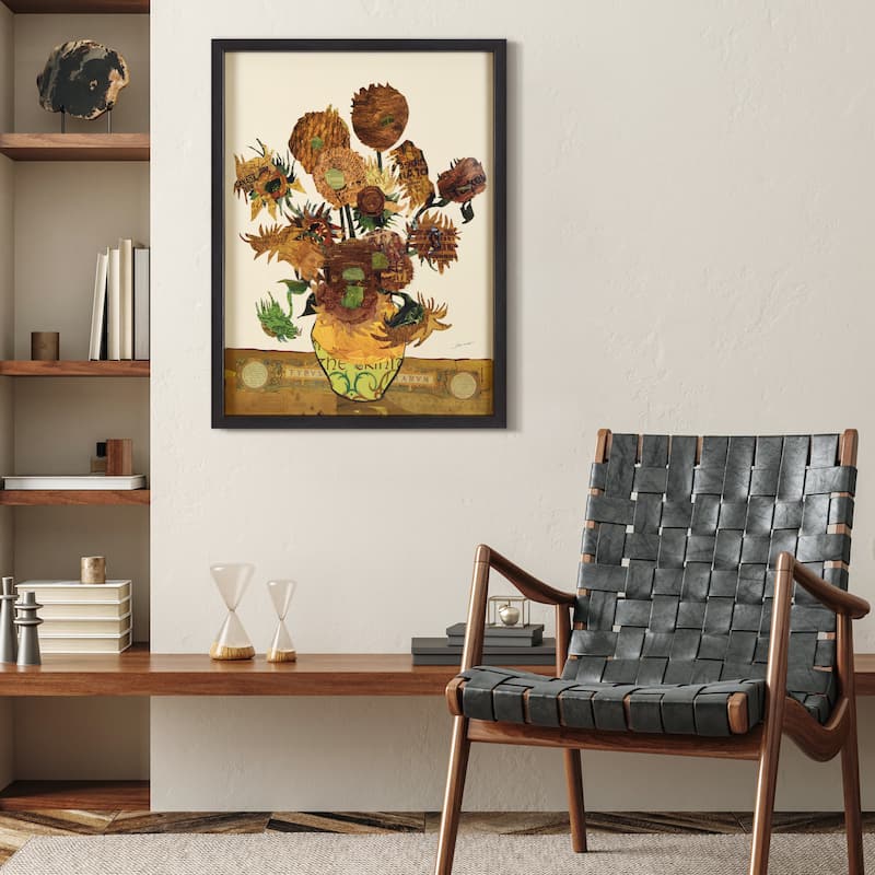 "Sunflower Embrace" Alex Zeng's Signed Hand-made Dimensional Wall Art Collage, under glass with frame