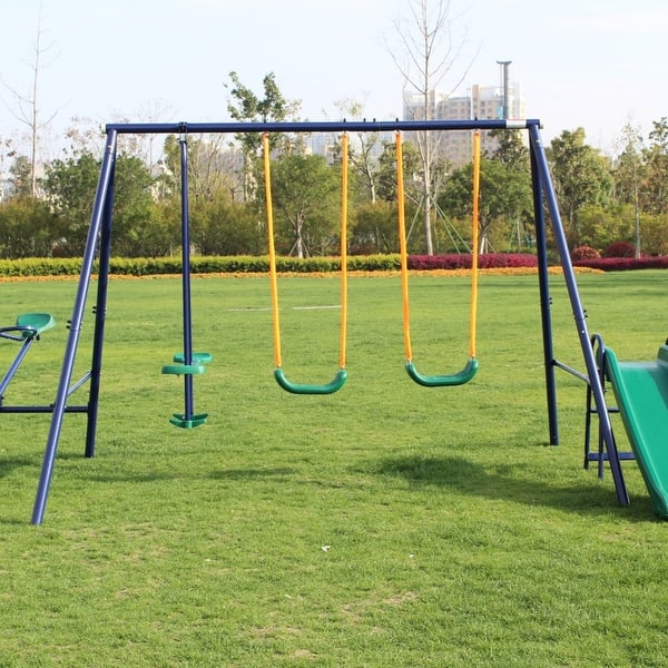 slide 2 of 9, Modern Metal Blue Swing Set with Slide Blue - Swing Set - Kids