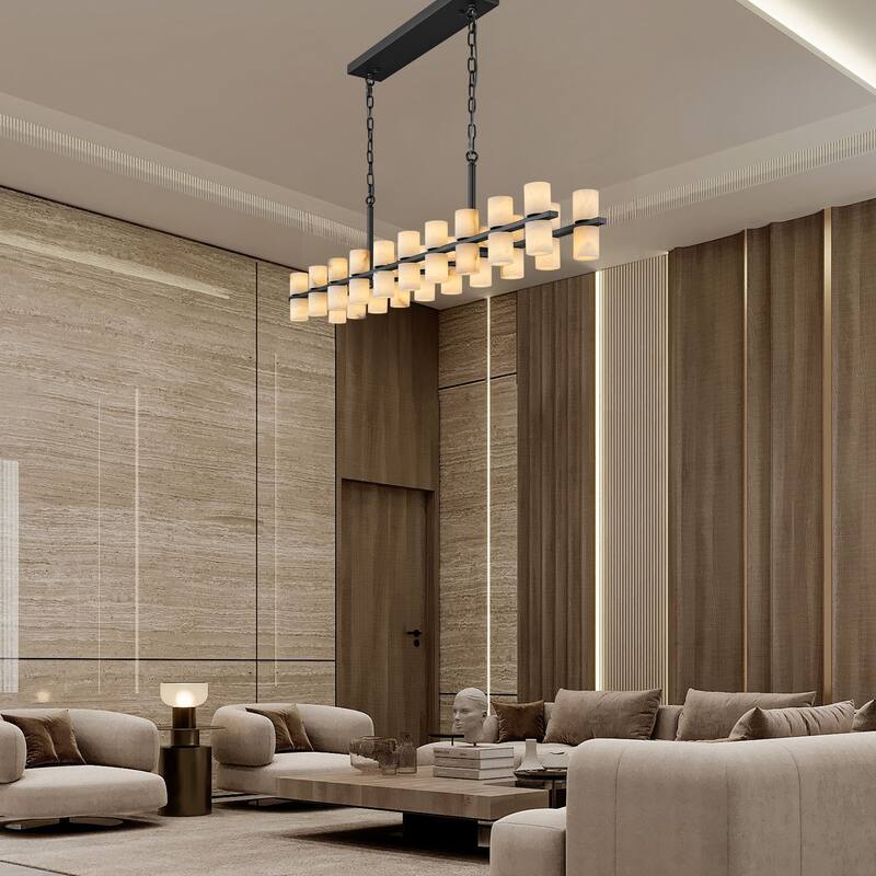 Modern Alabaster Glass Chandelier, Round or Linear Pendant Light with Up & Down Shades, D600-L1370, Copper or Black Finish