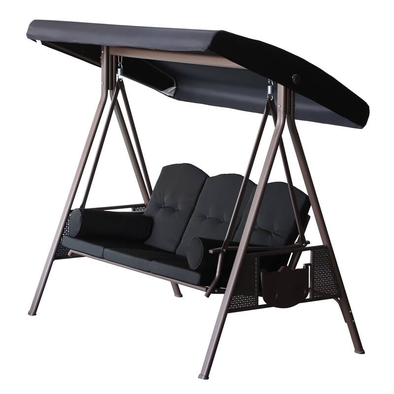Outsunny Outdoor Patio 3-Person Canopy Cushioned Seat Bench Swing with Included Side Trays & Padded Comfort