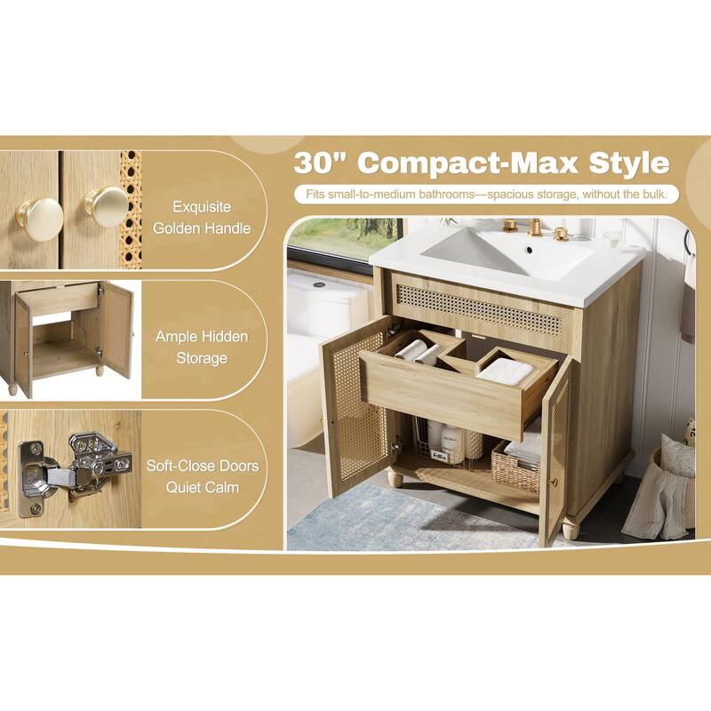 Roomfitters 30" Bathroom Vanity with Handwoven Rattan Doors and Resin Basin Sink, Natural Wood