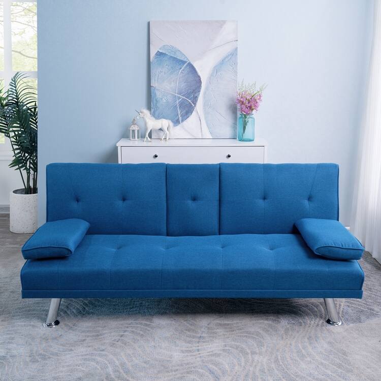 Futon Sofa Bed Couch with Armrest & Cupholders, Faux Leather Sofa Bed Couch Convertible Folding Reclining Small Couch