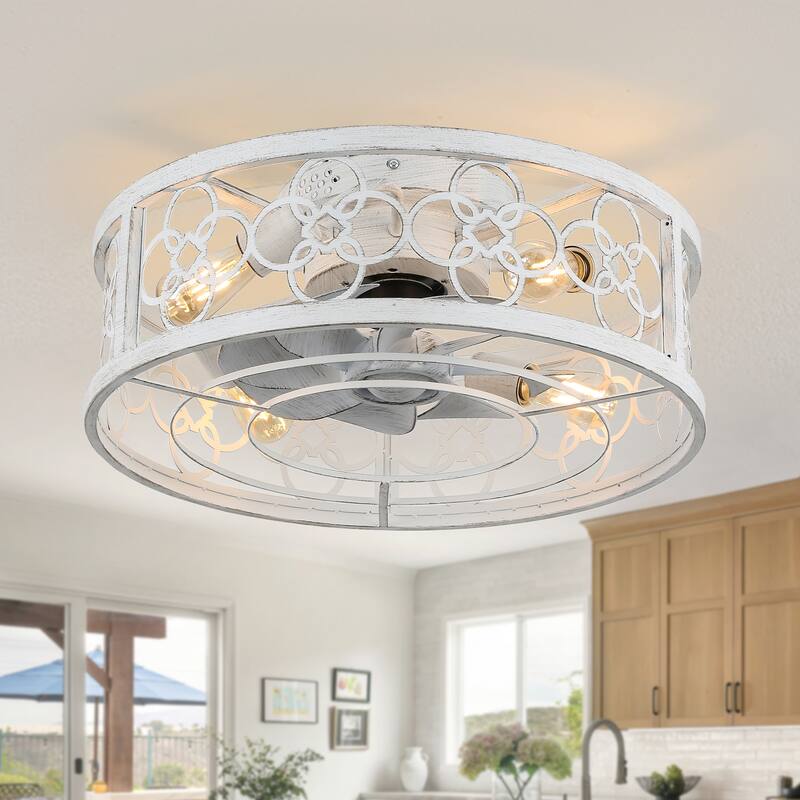20" Flush Mount Caged Ceiling Fan with Light and Remote, Distressed White Metal 3-Speed Reversible Dc Motor - Flower