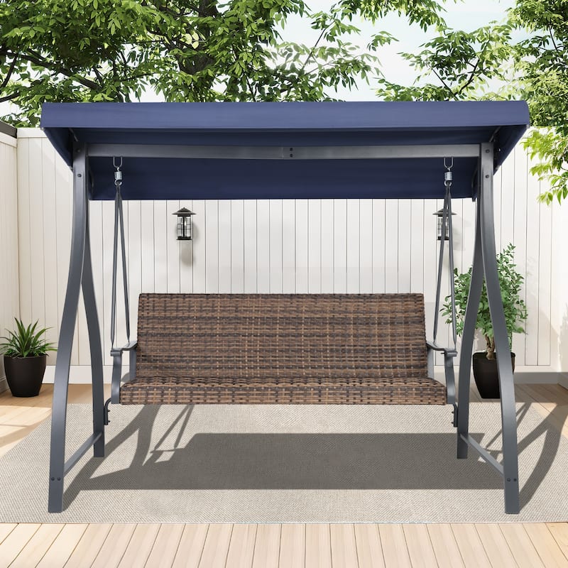 Aoodor 3-Seat Outdoor Rattan Patio Swing with Adjustable Canopy - Stylish Comfort for Your Porch, Garden, and Yard - Blue