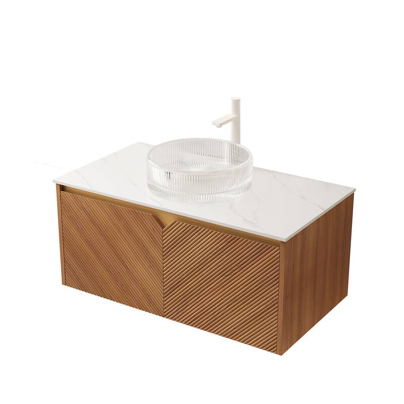 36" Bathroom Vanity with Vessel Sink, Wall-Mounted Floating Storage Cabinet with Double Doors