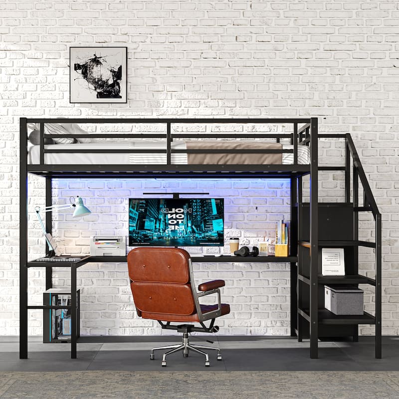 Roomfitters Full Metal Loft Bed with L-Shaped Desk, USB Port, Wardrobe, Adjustable Shelf & Lighting, Black