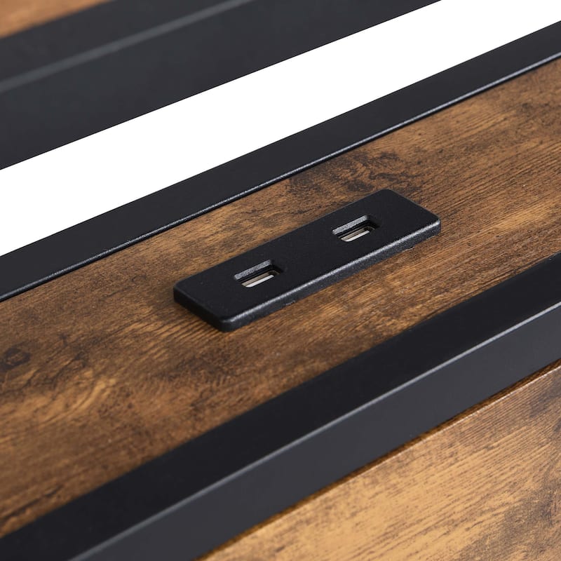 Noise Free Metal/Wood Platform Bed Frame with 2 USB Ports, Modern Industrial LED Lights Headboard Bed Frame with Shelf