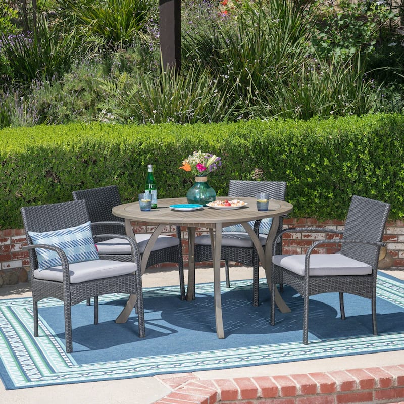 Chilton Outdoor 5 Piece Acacia Wood and Wicker Dining Set by Christopher Knight Home - Grey