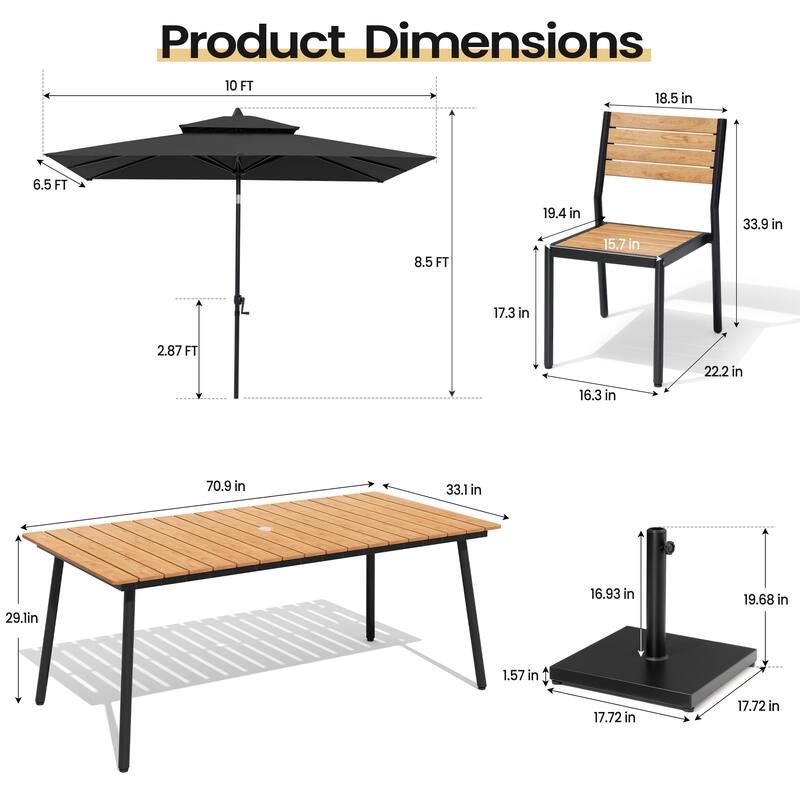 9 PC Outdoor Patio Dining Set Wood-Like Aluminum Umbrella Hole Table with Stackable Chairs,Double Top Market Umbrella and Base