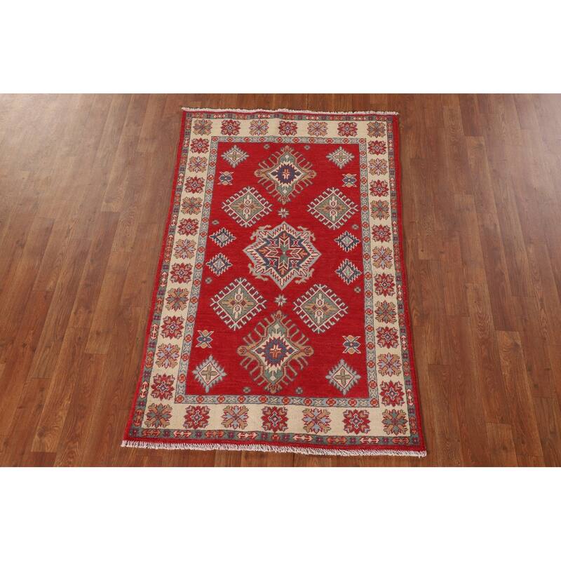 Traditional Kazak Oriental Rug Hand-Knotted Geometric Wool Carpet - 3'2"x 5'2"
