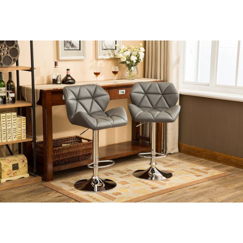 2-Piece Swivel Diamond-Tufted Leather Counter Stools Bar Stools with Adjustable Height & Footrest Dining Stools - Gray