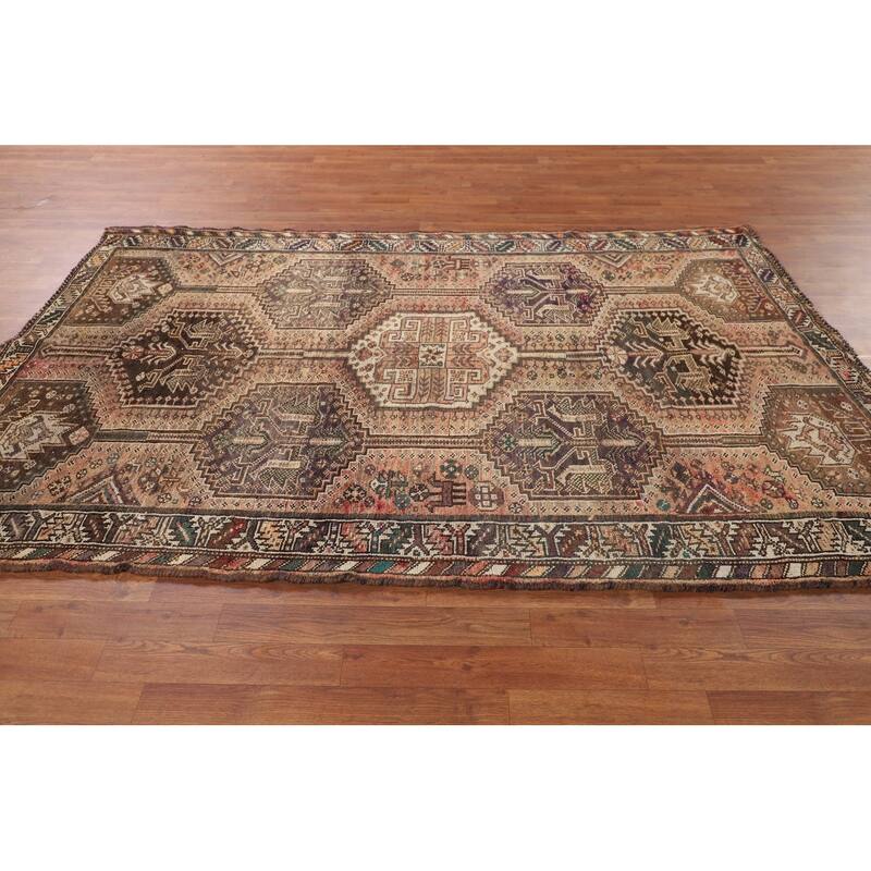 Tribal Geometric Qashqai Persian Antique Rug Hand-Knotted Wool Carpet - 5'0" x 7'11"