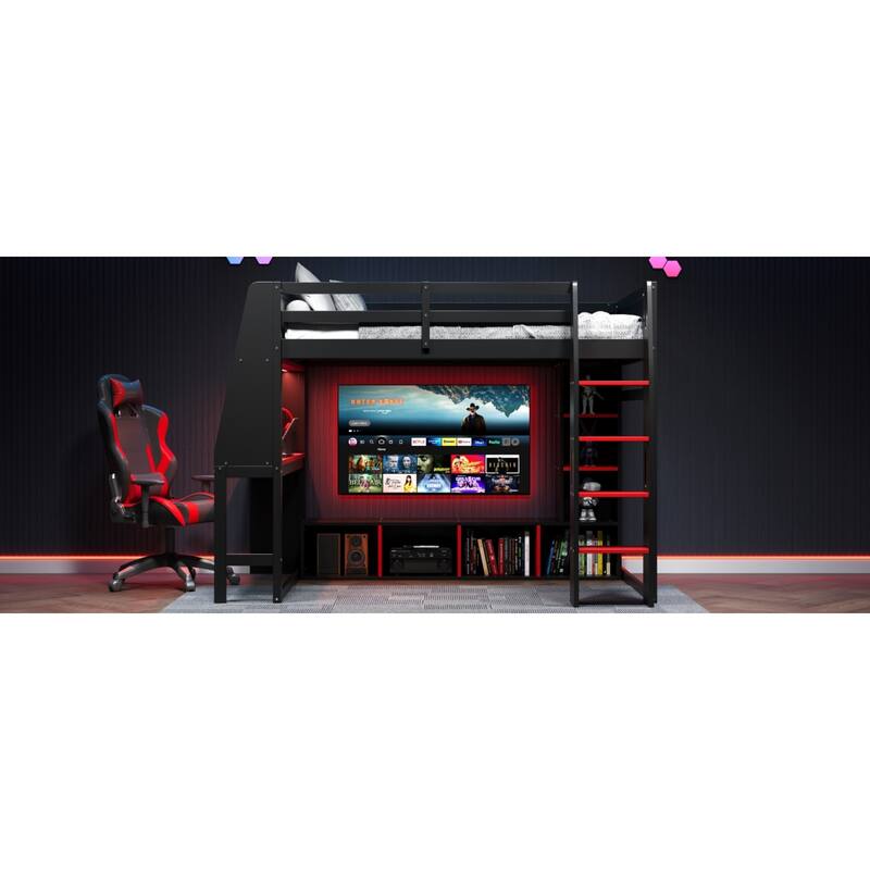 Roomfitters Twin/Full Gaming Loft Bed with Desk, Hanging Rack and LED Lights, Black and Red