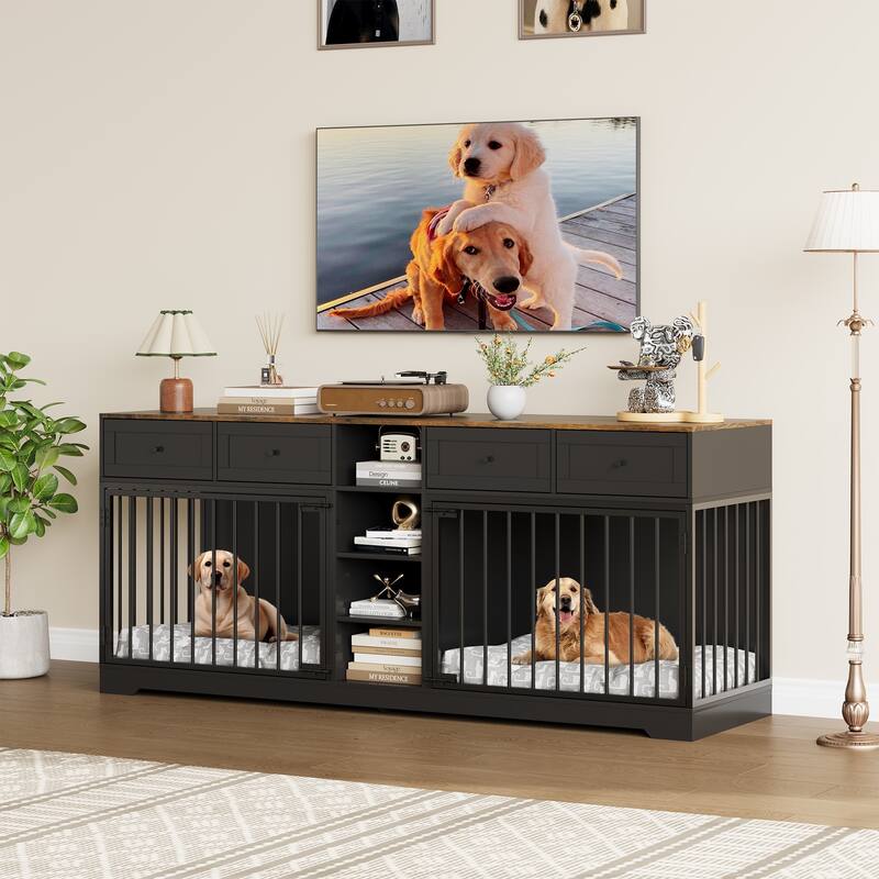 Double Dog Crate Furniture, Large Wooden Dog House with 4 Drawers