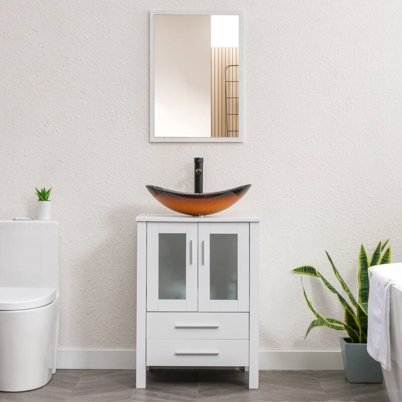 24" Bathroom Vanity White Set Glass/ Ceramic Vessel Sink Cabinet Faucet Drain Free Standing Combo