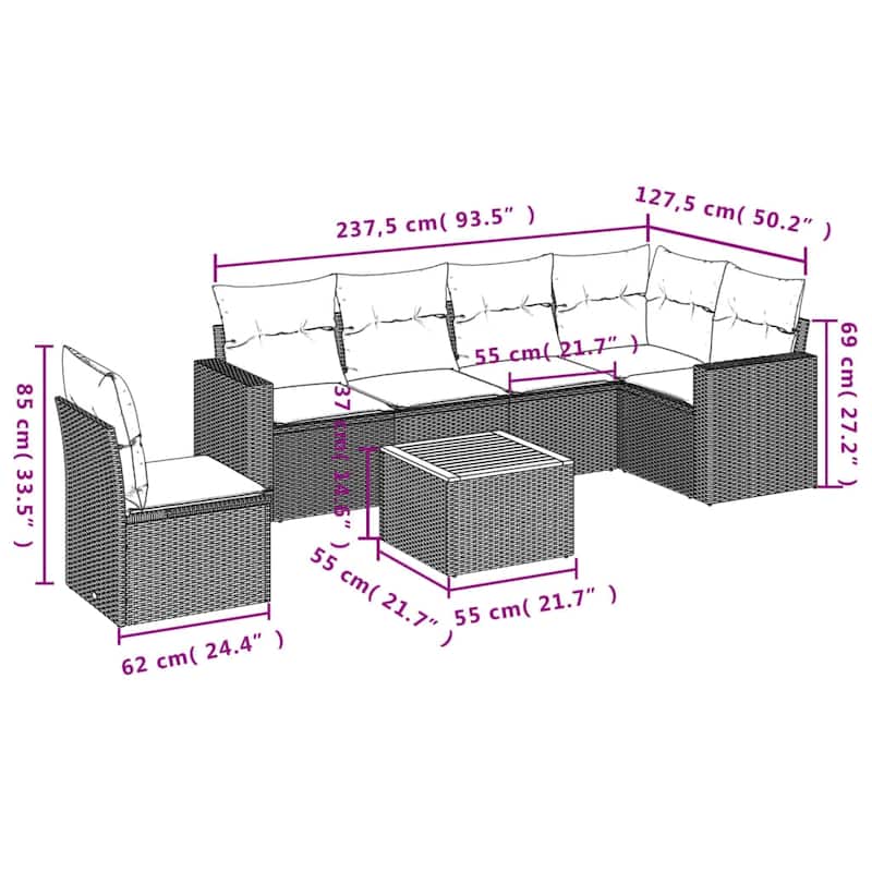 vidaXL Patio Sofa Set with Cushions Outdoor Furniture 7 Piece Poly Rattan - 21.7 x 21.7 x 14.6