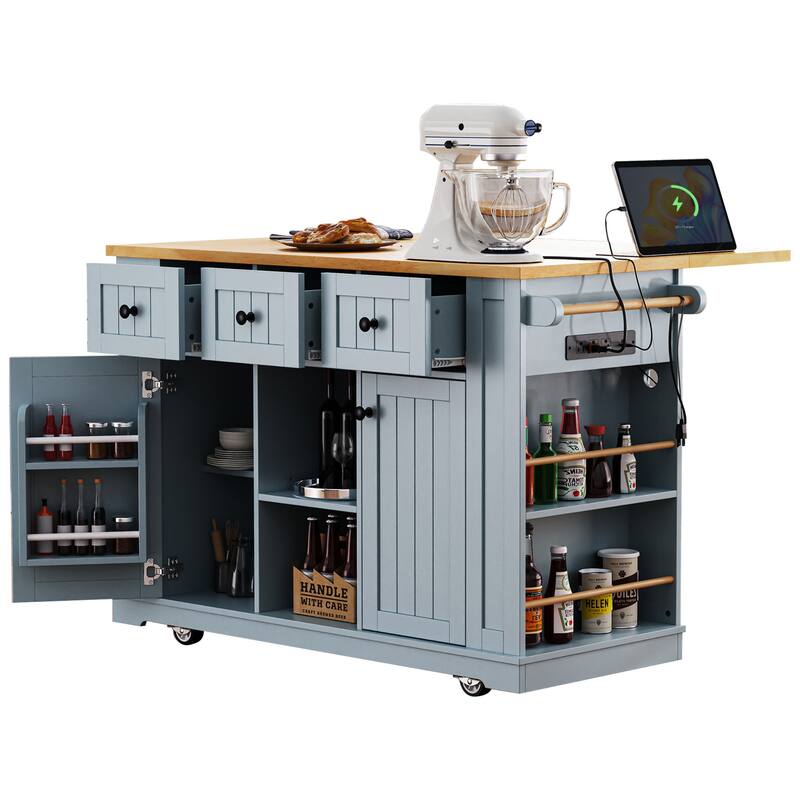 53.14'' Kitchen Island with Drop Leaf, Power Outlet, Door Internal Storage Rack, Rolling Wheels and Drawers