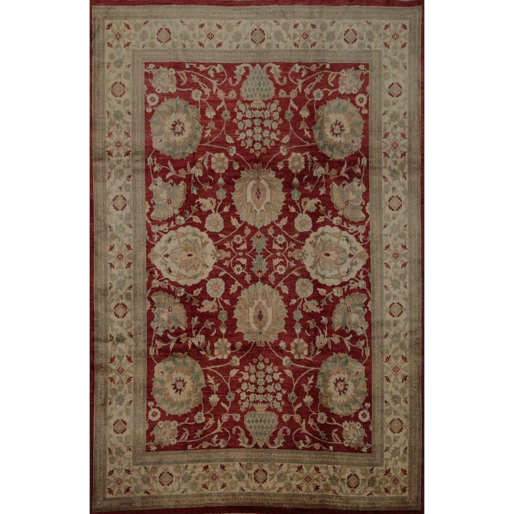 Hand Knotted Oriental 100% Wool Carpet Traditional All-Over Red Ziegler Area Rug - 11' 10'' X 9' 0''