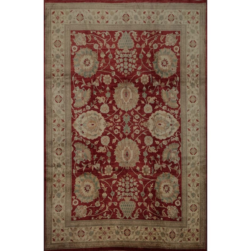 Hand Knotted Oriental 100% Wool Carpet Traditional All-Over Red Ziegler Area Rug - 11' 10'' X 9' 0''