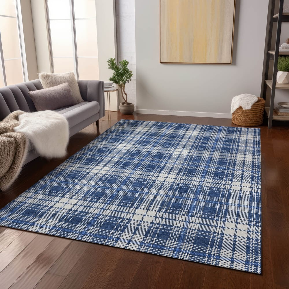 Machine Washable Indoor/ Outdoor Plaid Chantille Rug