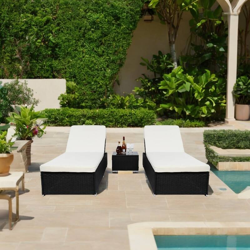 Patio 3PCS Wicker Chaise Lounge Set with Beige Cushions