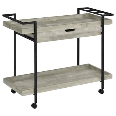 Tra 40 Inch Rolling Bar Cart, 2 Tier with Drawer, Gray Wood, Black Metal
