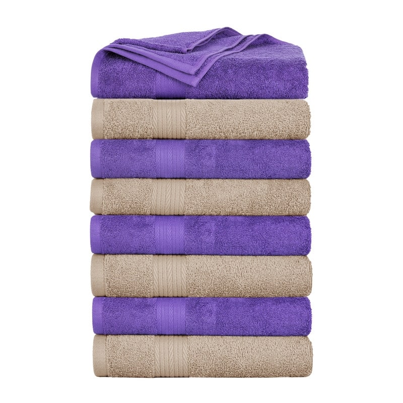 Cotton 600 GSM Highly Absorbent Bath Towels 30x54 Inch by Ample Decor - Pack of 8 - Beige - Purple