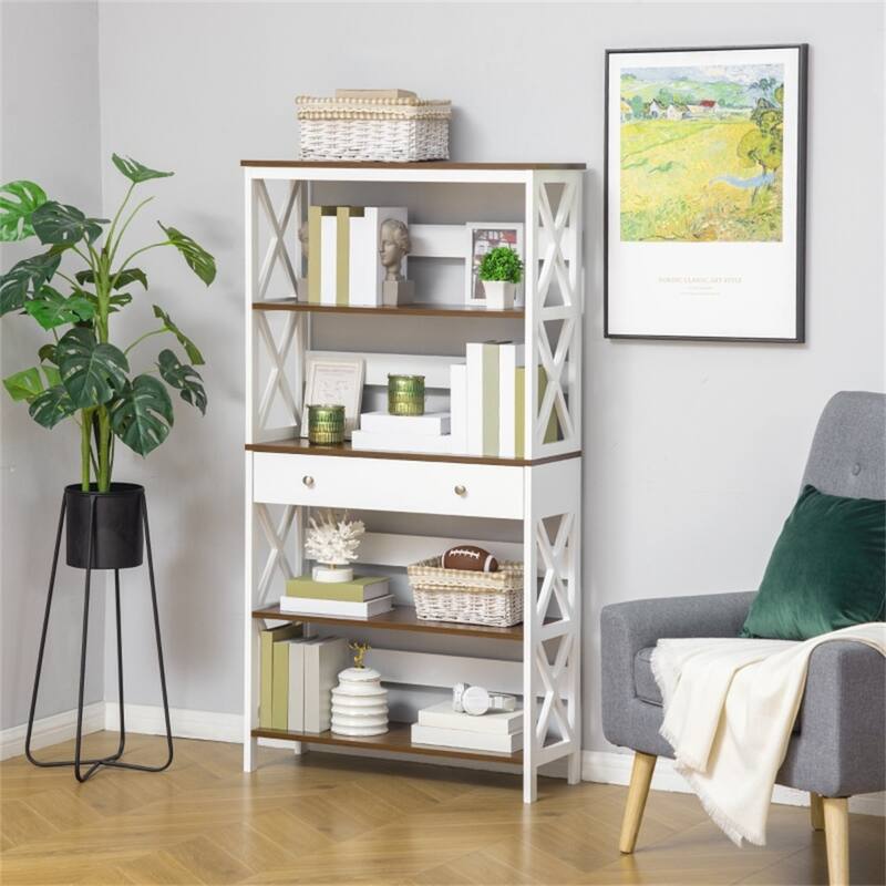 Freestanding 4 Tier Modern Walnut White Bookshelf with Storage Drawer for Living Room or Office - 31.5" W x 11.75" D x 59.75" H