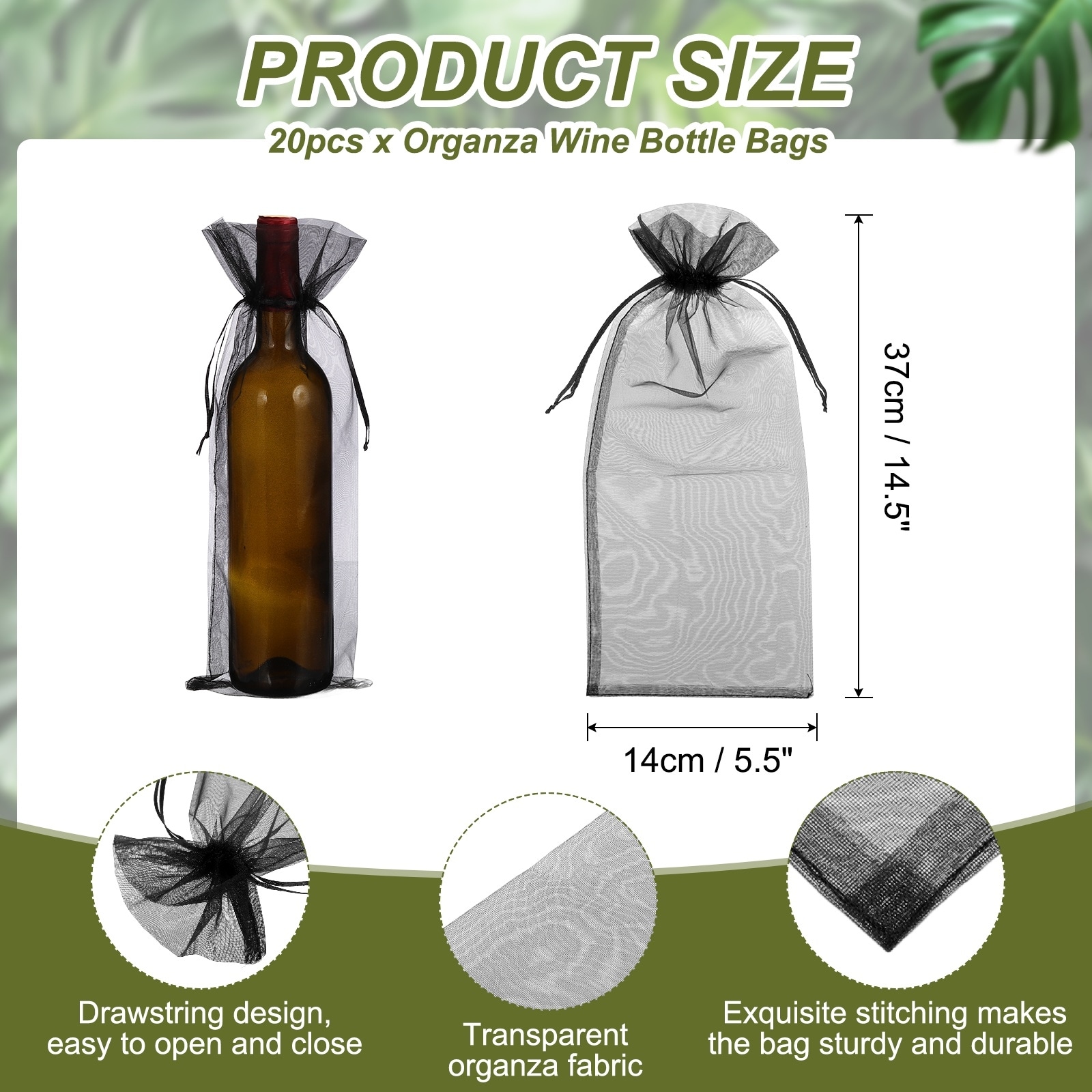 Organza Wine Bags, Drawstring Organza Bottle Gift Bags Sheer Wine Wrapping Bag for Bottle Wrap Birthday - 14.5 x 5.5