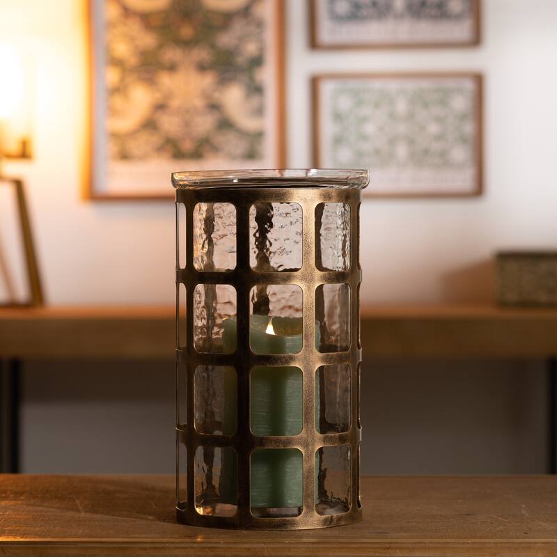 Wavy Glass Candle Holder with Distressed Metal Frame 12.25"H