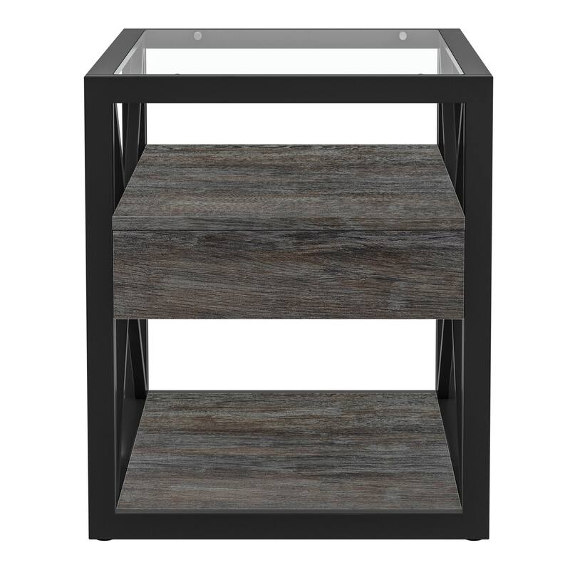 Set Of 2 Modern End Table With Drawer - Nightstand For,Rustic Wood Grain Mdf&Tempered Glass Top, Industrial Style Side Table