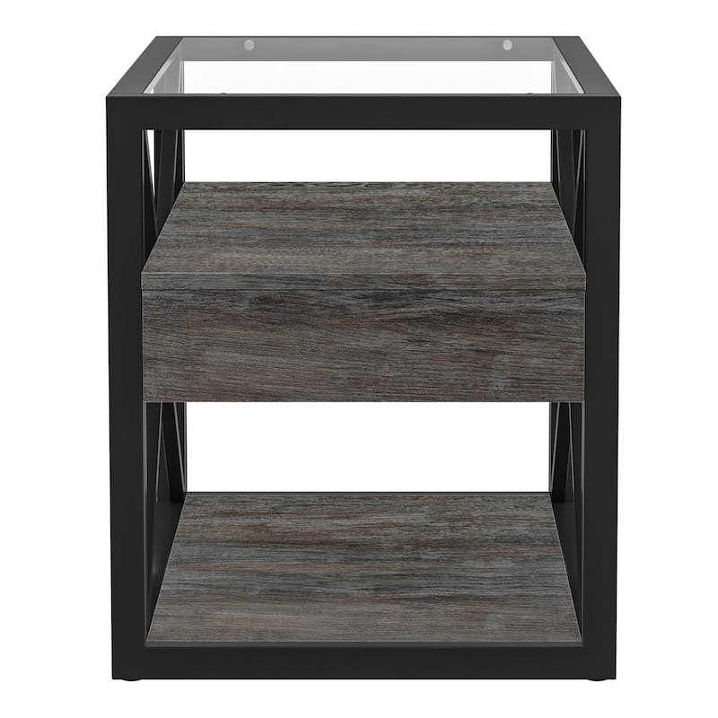 Set of 2 Modern End Table with Drawer - Nightstand,Rustic Wood Grain MDF & Tempered Glass Top,Industrial Style Side Table