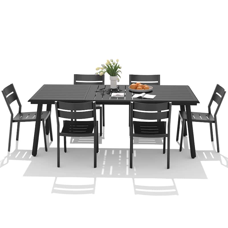 VredHom 7-PC Outdoor Aluminum Dining Sets Table with Stackable Chairs Umbrella Hole - Black