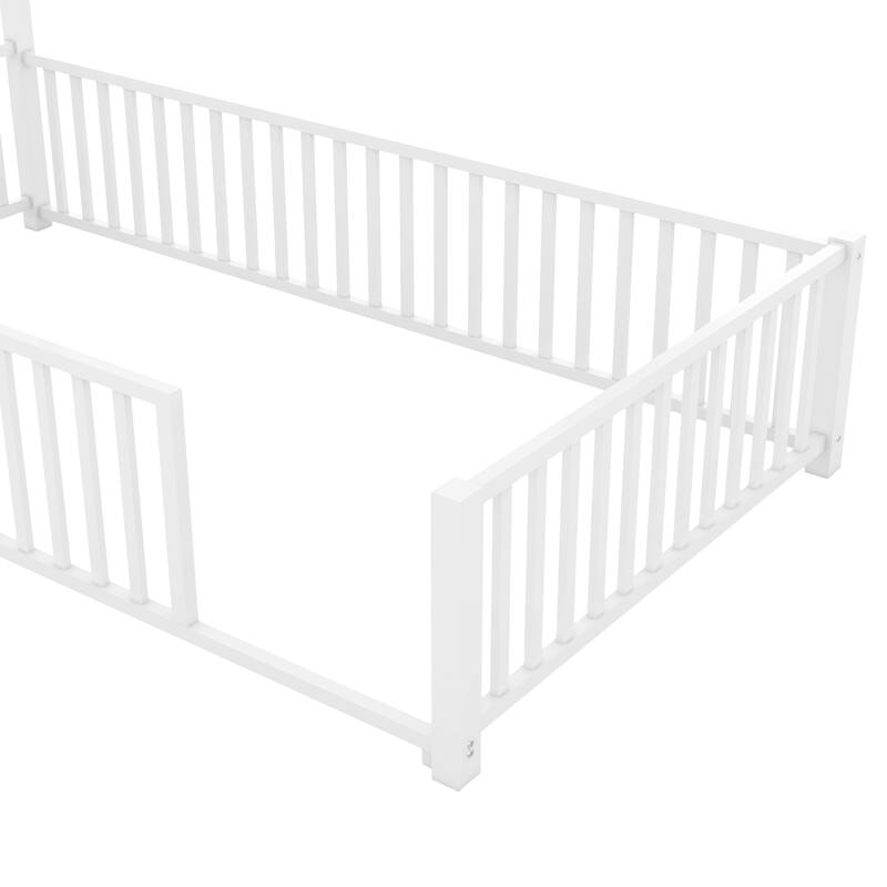 Twin Size Metal House Platform Bed with Guardrail and Chimney, White