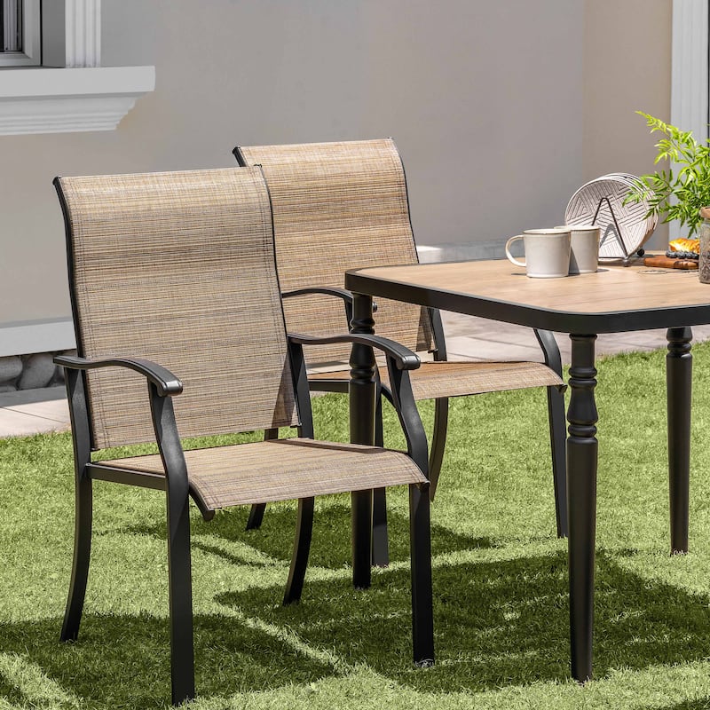 Patio Textilene Dining Set of 5 with Umbrella Hole, Wood-Grain Tabletop