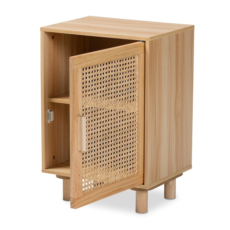 Baxton Studio Maclean Mid-Century Modern Rattan and Natural Brown Finished Wood 1-Door End Table